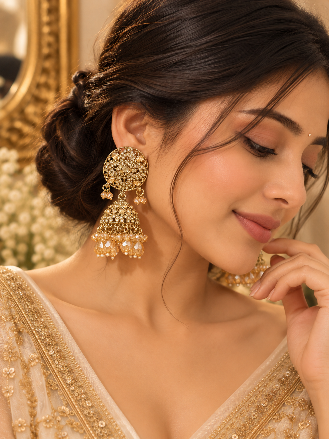 Golden Radiance Kundan Jhumkas | Elegant Ethnic Earrings for Women