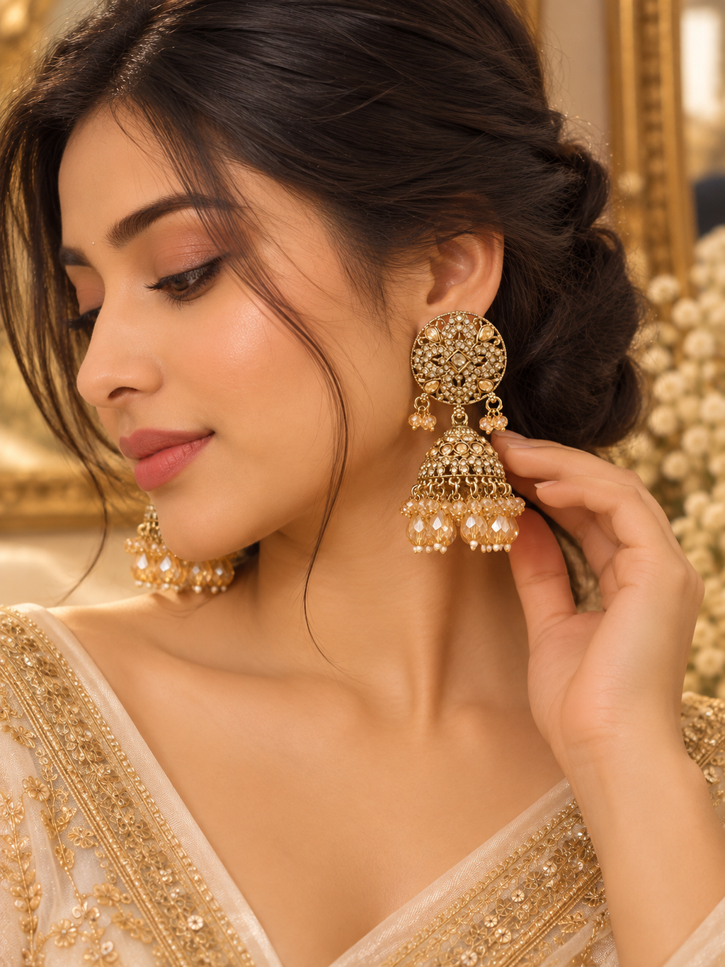 Golden Radiance Kundan Jhumkas | Elegant Ethnic Earrings for Women